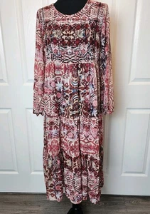 Knox Rose Boho Midi Dress L Sheer Tiered Long Sleeve Embroidered Cottage Prairie - Picture 1 of 12