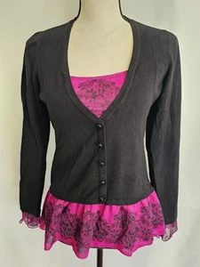 INC International Concepts Blouse Black Pink Lace Trim Cardigan Womens Medium - Picture 1 of 6