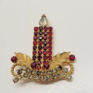 VTG Designer Signed Hobe 1965 Prong Set Red Rhinestone Christmas Candle Brooch - Picture 1 of 4