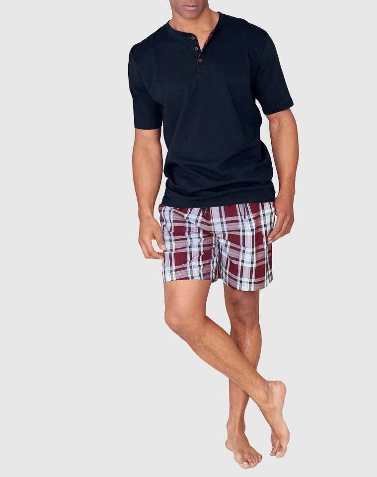 H.I.S Männer Schlafanzug kurz Pyjama Kariert Muster Rundhals Knöpfe blau rot - Bild 1 von 1