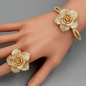 Women Gold Plated Rose Zirconia CZ Bracelet Ring #8 Wedding Jewelry Set Gift 338 - Picture 1 of 10
