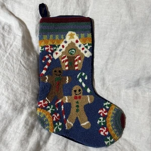 Vtg Cotton/Wool Needlepoint Christmas Stocking Velvet Back Gingerbread Man - Picture 1 of 7