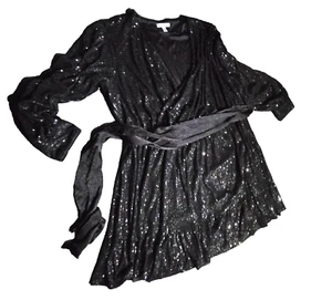 Lauren Conrad Black Sequin 3XL 3X XXXL Plus Sleeve Deep V Glam Disco Party Dress - Picture 1 of 24