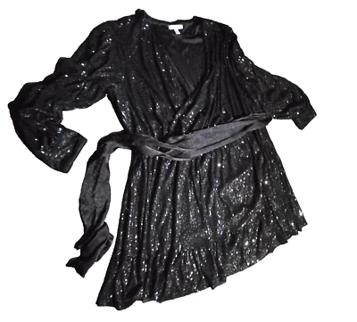 Lauren Conrad Black Sequin 3XL 3X XXXL Plus Sleeve Deep V Glam Disco Party Dress - Image 1 of 4