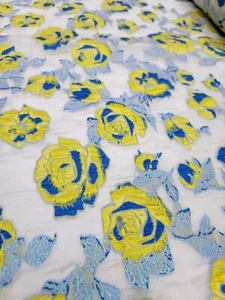 Fabric Sold By The Yard Yellow Royal Blue Floral Brocade Jacquard Fashion New - Picture 1 of 14