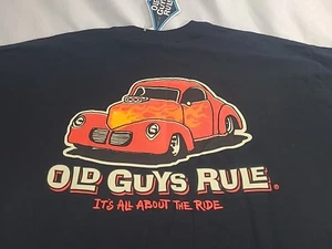 OLD GUYS RULE Mens XL Black T-SHIRT HOT ROD 50s CAR Red FLAMES GARAGE NEW - Picture 1 of 17