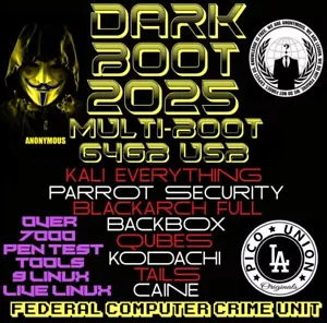 Dark Boot 2025 Multi Boot USB Kali, Tails, Blackarch, Parrot Sec, BackBox, Qubes - Picture 1 of 1