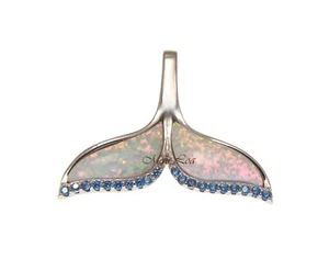 925 Sterling Silver Hawaiian Blue Topaz White Opal Whale Tail Slider Pendant - Picture 1 of 2