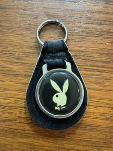 Vintage Key Chain Black Playboy Bunny Rabbit Leather Fob Metal 1970's Car Iconic - Picture 1 of 6