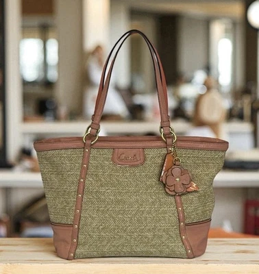 Coach Alexandra #F21959 Coral Patent Straw Studded Shoulder Purse Tote w/Charms - Image 1 of 4