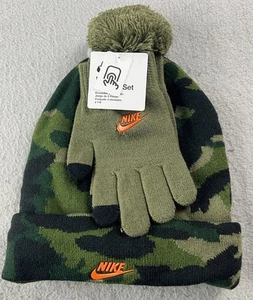 NIKE Youth Big Boys Futura Green Camo Print Pom Beanie Hat & Gloves 2 Piece Set - Picture 1 of 4