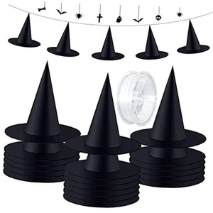 Halloween Black Witch Hats with 98Feet Rope Hanging Decorations Medium-24pcs - Picture 1 of 7