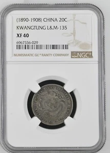 (1890-1908) China - KWANGTUNG L&M 135 - 20 Cent Silver Dragon - NGC XF 40 - Picture 1 of 2