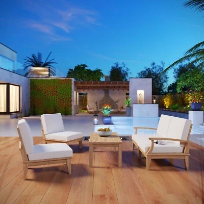 Juego de 5 piezas de teca para patio exterior Marina en blanco natural Foto 1 de 4