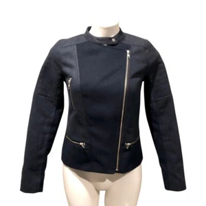 Trouve Moto Jacket XS Navy Blue Zippers Heavy Felt Cropped Biker Women's - Picture 1 of 12