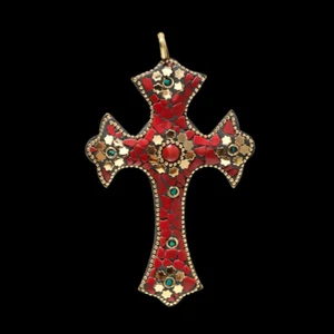 Handgefertigter Frauen-Kreuz-Anhänger Rote Koralle, Onyx & Türkis Edelstein T... - Bild 1 von 1