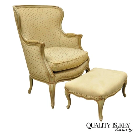 French Provincial Louis XV Style Green Finish Wingback Lounge Chair & Ottoman Cover