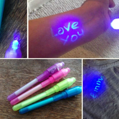 4x Unsichtbare Tinte Pen Errichtet in UV Licht Marker Secret Message Gadget - Bild 1 von 4