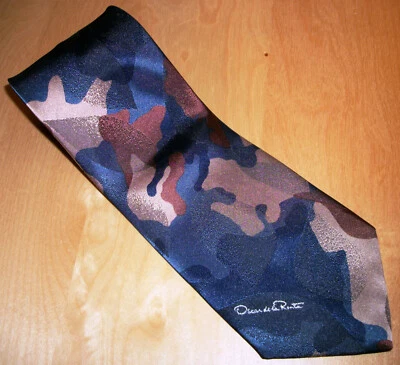 Oscar de la Renta Blue & Tan Abstract Men's Poly Neck Tie 57" L x 3.9" W (D137) Foto 1 de 4