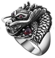 Stunning Japanese Hydra Splash Dragon Design Red Ruby Eyes Men's 925 Silver Ring
