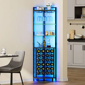 4-Tier Corner LED Wine Rack with Glass Holder & Shelves Industrial Bar Cabinet - Picture 1 of 9