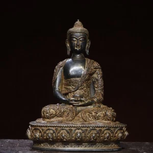 Antica statua Buddha Shakyamuni 8,7" tempio buddismo tibetano bronzo dorato - Foto 1 di 14