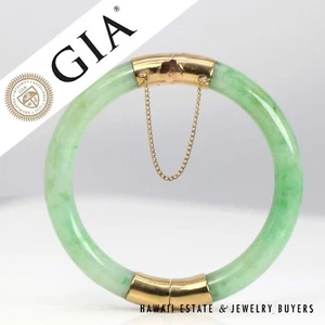 GIA Green Jade 40.1g 14KYG Hinged Bangle Bracelet Size 6.75 - Picture 1 of 5
