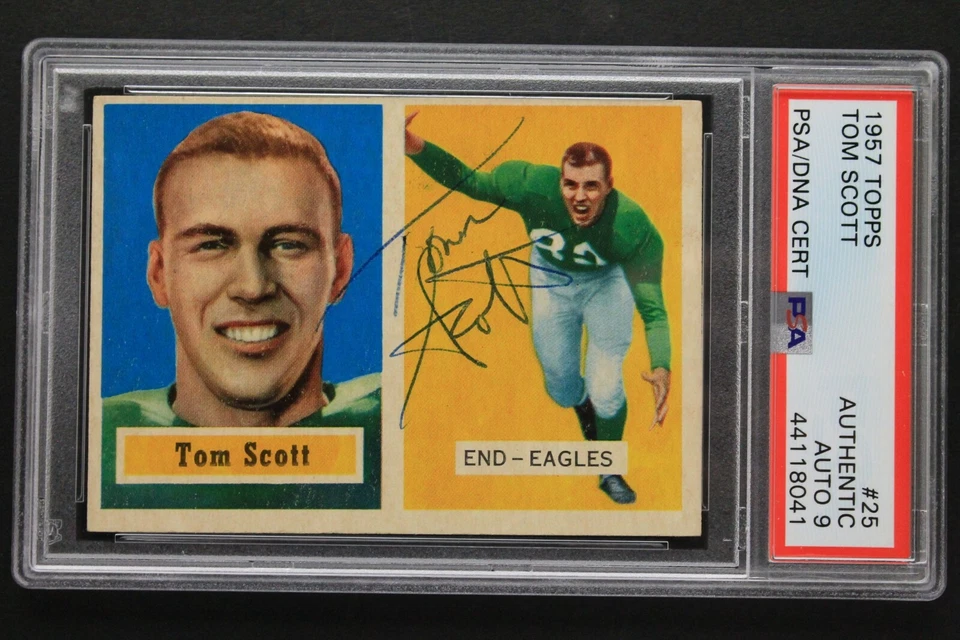 Tom Scott (d.2015) HOF Eagles Autograph Signed 1957 Topps #25 Football Card PSA  - Image 1 of 3
