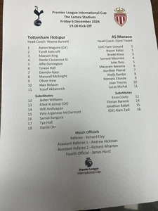 TOTTENHAM HOTSPUR U21 v AS Monaco PL International Cup Teamsheet 6 December 2024 - Picture 1 of 1