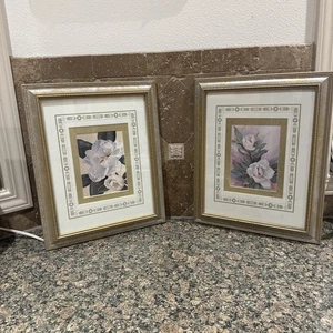 Lot of 2 Vintage Heart Lake Floral Botanical Art Print Matted Gold Frame 13x16” - Picture 1 of 6