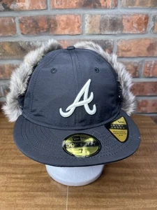 New Era Atlanta Braves Dog Ear Fur Winter 59fifty 7 1/8 Retro Crown MLB Hat Blk - Picture 1 of 9