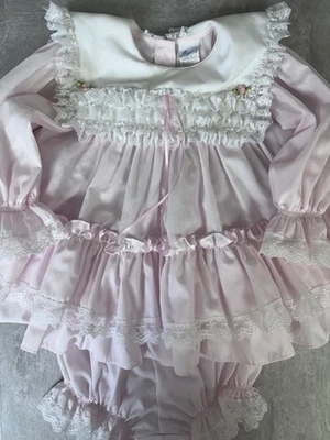 VTG Bryan Girls Pink Striped Pinafore Dress Size 18 Mos.  Ruffles  Full Circle - Image 1 of 4