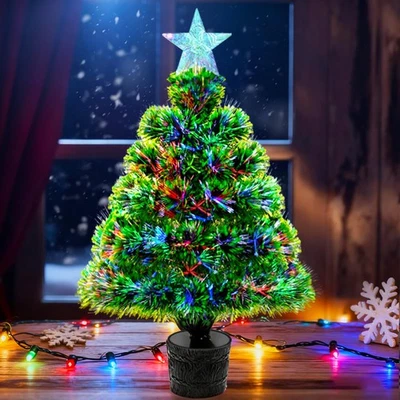 22Inch Fiber Optic Mini Christmas Tree Pre Lit Tabletop Desk Decoration Kitchen - Image 1 of 4