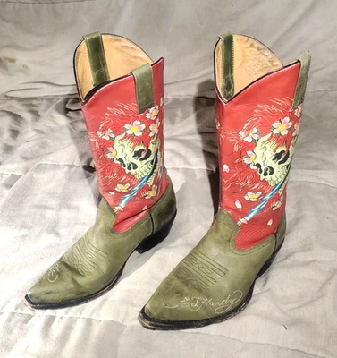 Botas vaqueras vintage Ed Hardy Y2K cuero cosido TATUAJE CALAVERA para mujer talla 7 Foto 1 de 4