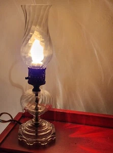 Antique Glass & Brass Hurricane Lamp 13.75" Electrified With Vintage Cord, Plug - Picture 1 of 20
