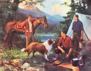 Campers Horse Collie Mountains Lake by Frank Stick - Picture 1 of 1