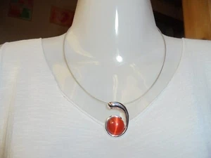 Halskette, Stahlseilkette, mit Anhänger und orange Cat's-Eye-Stone, Party, Disco - Bild 1 von 1