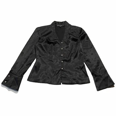 Dawn Joy Evening Black V-Neck Button Up Blouse W/Shoulder Pads Women’s Size S Foto 1 de 4