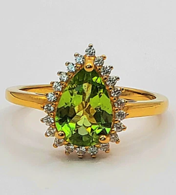 Anillo Premium Peridoto y Circón Blanco Halo Vermeil YG Sobre Plata de Ley, Talla 8 Foto 1 de 4
