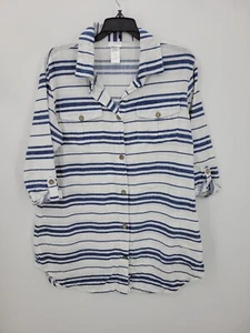 Dotti Top Damen mittelblau weiß Streifen Knopfleiste Tunika Beachy Boho Taschen - Bild 1 von 7