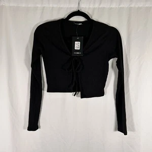 Neu Mode Nova Cropped Bluse Damen klein schwarz gerippt Langarm gebunden Top - Bild 1 von 6