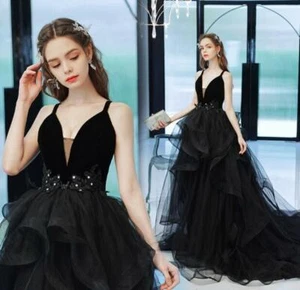 Gorgeous Black V Neck Diamante Tulle Long Train Evening Dresses Party Prom Gown - Picture 1 of 12