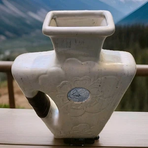 Large 17.5"TX11"W Ceramic Urn Floor Vase Off White Leather Trim - Picture 1 of 9