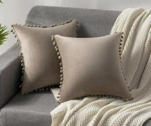 Pair ~ 22 x 22 TAUPE VELVET POM POM PILLOW COVERS ~ Fast Shipping ! - Picture 1 of 2