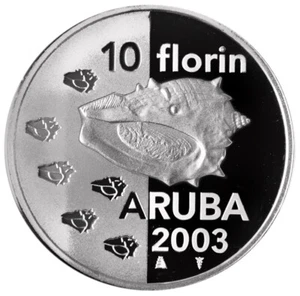 ARUBA 10 Florin 2003 Silver Prooflike 'Seashell' Mint packaging - Picture 1 of 3