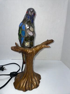 Tiffany Style Stained Glass Parrot On  Branch Bird Lamp Multi Color 12.5” Works! - Image 1 of 4