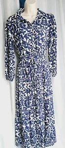Zara Navy Blue & Ivory Printed Belted Tie Waist Puff Sleeve Maxi Dress -Medium - Picture 1 of 8