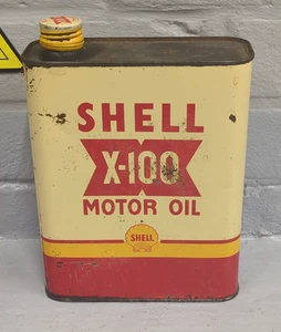 Vintage French Shell X100 Motor Oil Can / Tin 2 Litres Used Empty SH50 - Picture 1 of 8