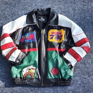 Oscar Piel Leather Lined Bomber Jacket Vegas Casino Gambling Cards XL Roulette - Picture 1 of 16