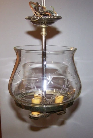 Antique Hanging Light Fixture Etched Glass Globe Ground Edges Three Brass Look Cover
